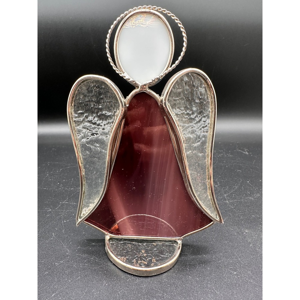 Vintage Stained Glass Angel Figurine Carol Purple White Glass Christmas Decor